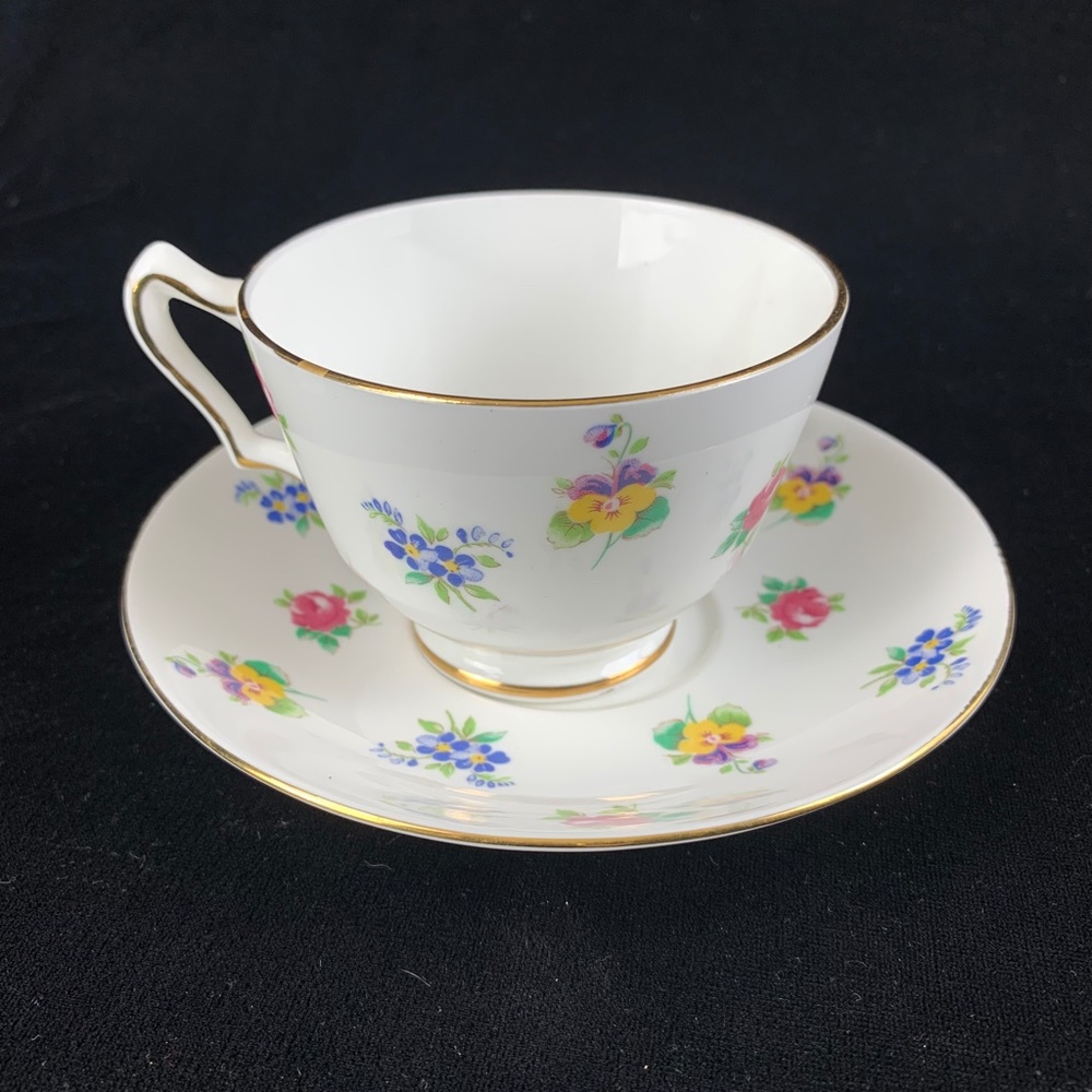 Vintage Crown Staffordshire Cup Saucer Set Rose Pansy English Fine Bone China